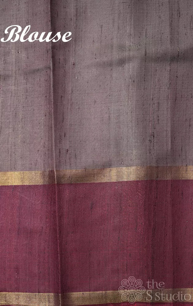 Grey raw silk saree with maroon border