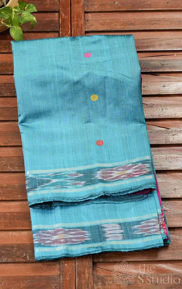 Blue raw silk saree with contrast pallu