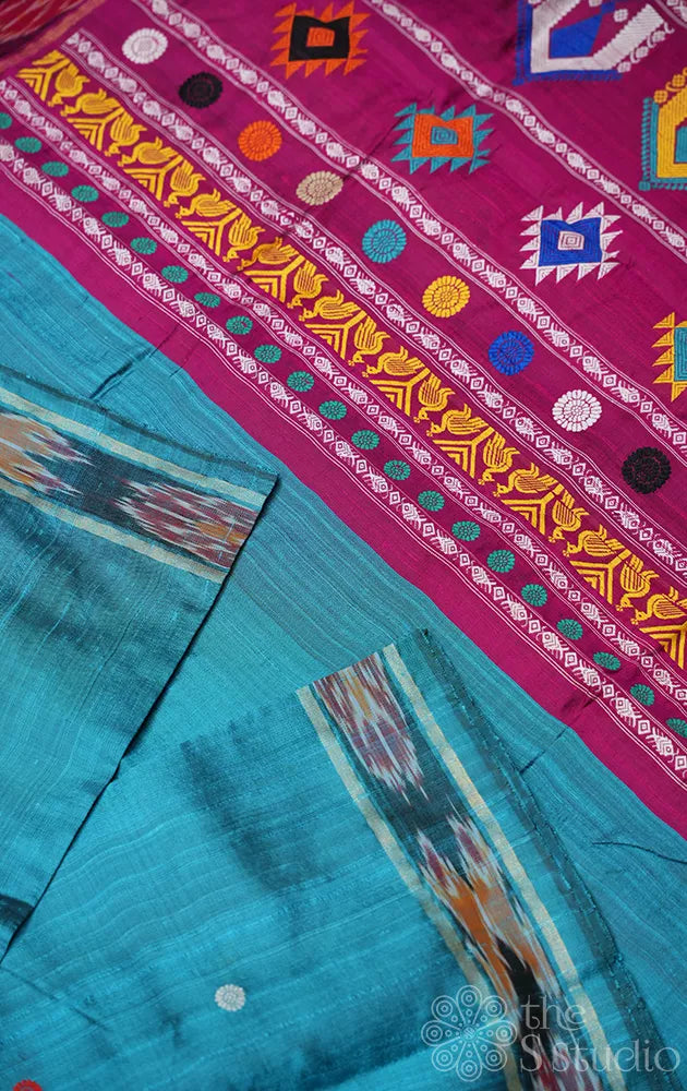 Blue raw silk saree with contrast pallu