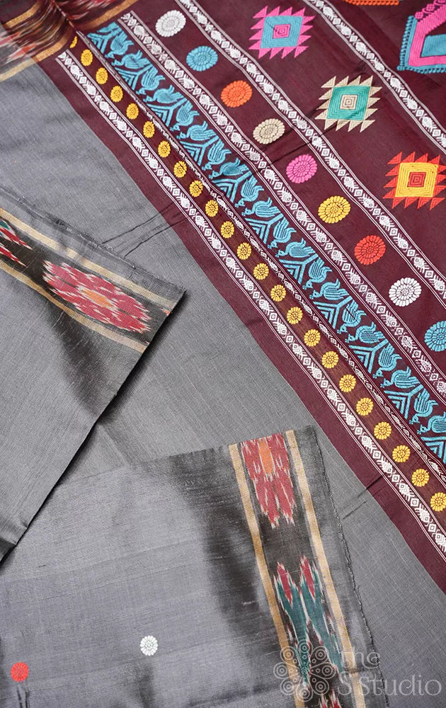 Dark grey raw silk saree with dolabedi design pallu