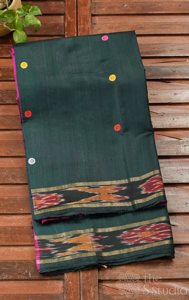 Bottle green raw silk saree with contarst pallu