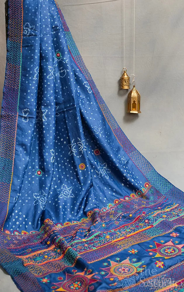 Blue hand tie and dye bandhani tussar silk saree with lambani embroidery