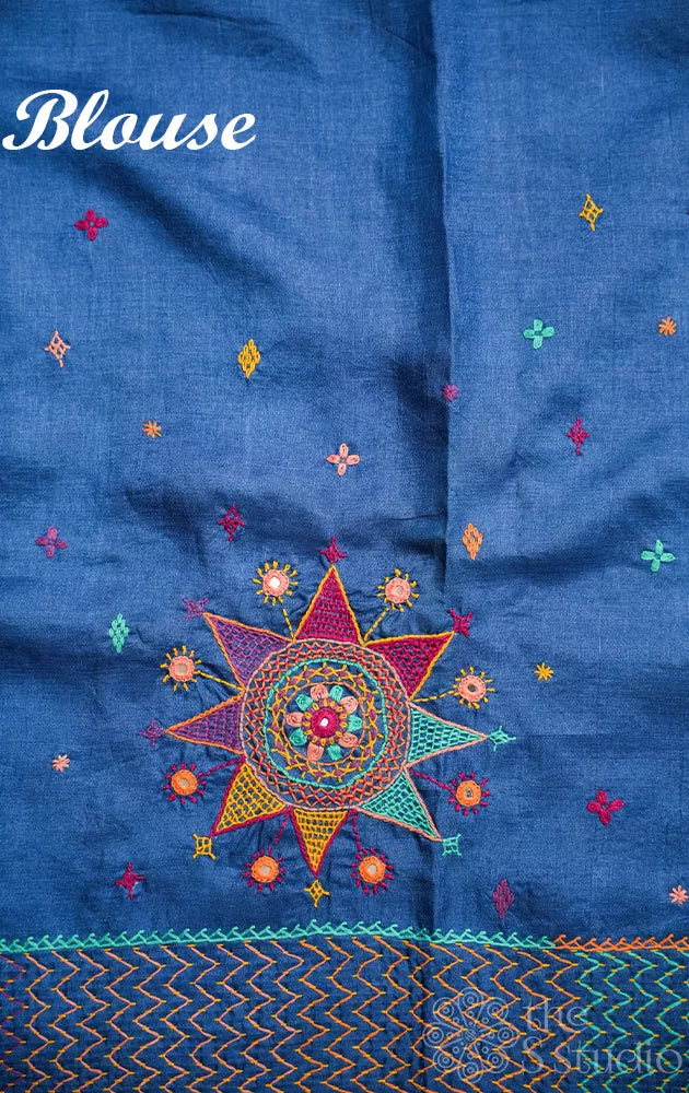 Blue hand tie and dye bandhani tussar silk saree with lambani embroidery