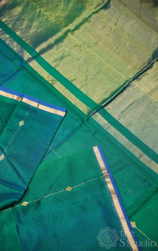 Rama blue and green shaded maheshwari silk cotton saree with thin zari border