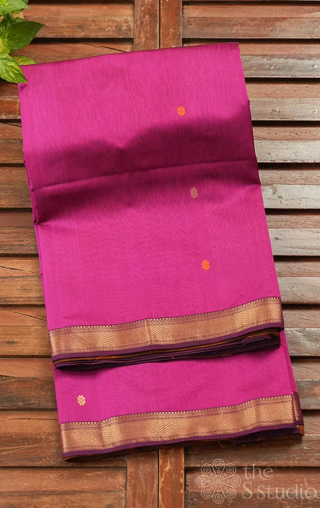 Magenta maheshwari silk cotton saree with orange pallu