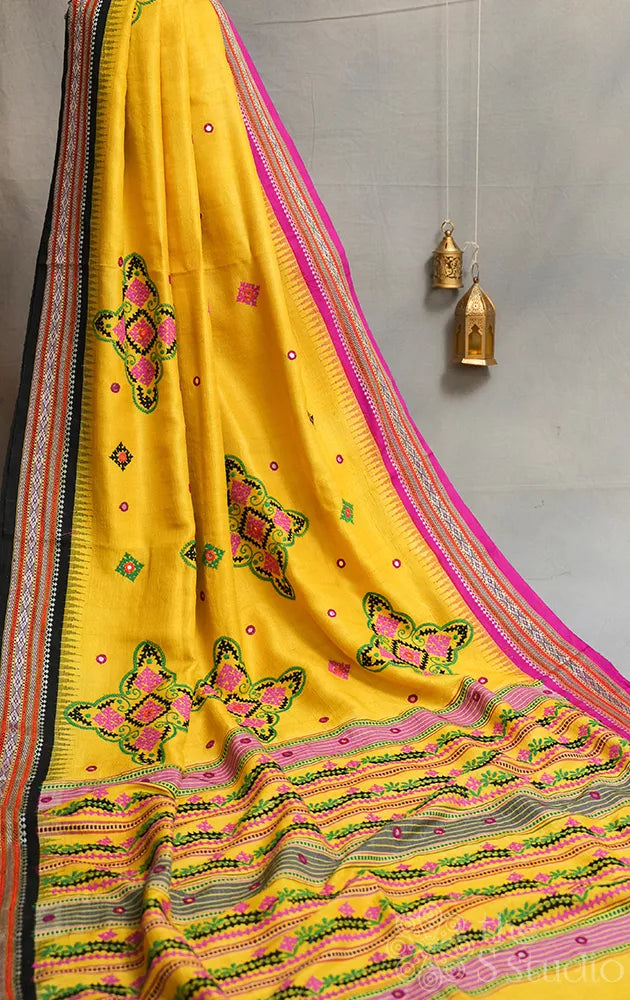 Yellow vidarbha tussar silk saree with hand kutch embroidery