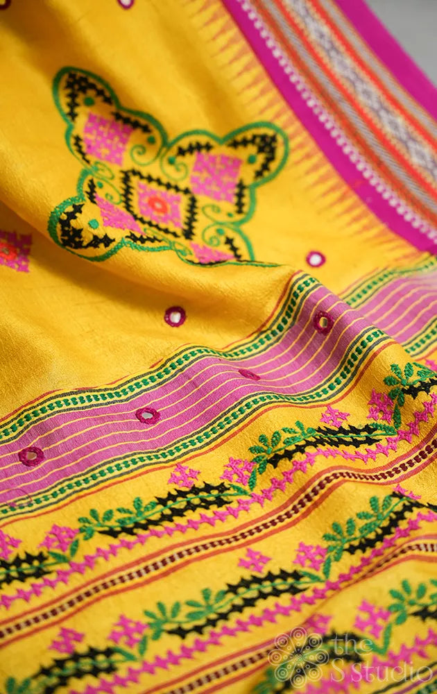 Yellow vidarbha tussar silk saree with hand kutch embroidery