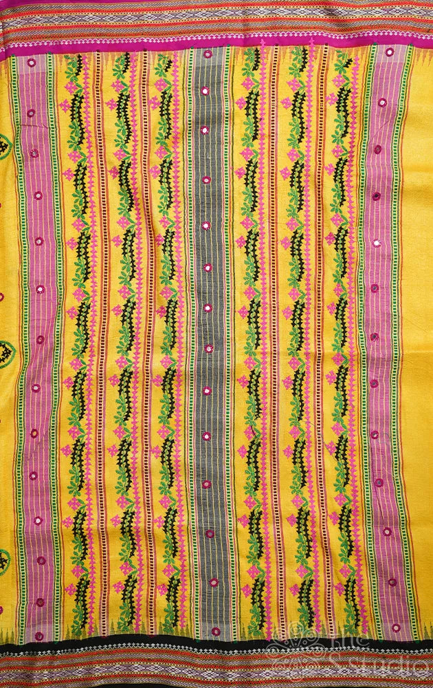 Yellow vidarbha tussar silk saree with hand kutch embroidery