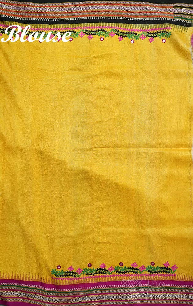 Yellow vidarbha tussar silk saree with hand kutch embroidery