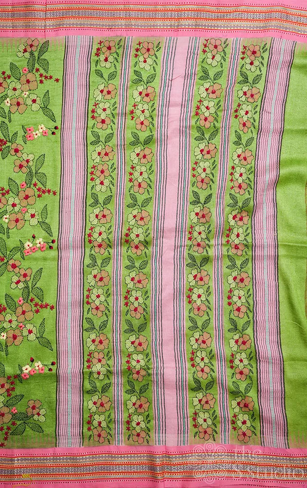 Light green vidarbha tussar silk saree with hand kantha embroidery