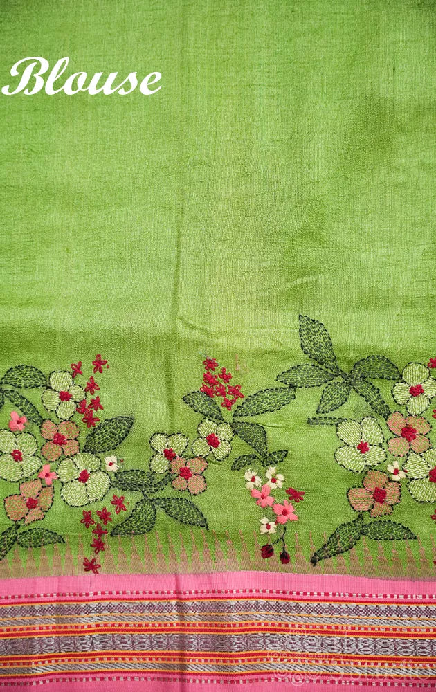 Light green vidarbha tussar silk saree with hand kantha embroidery