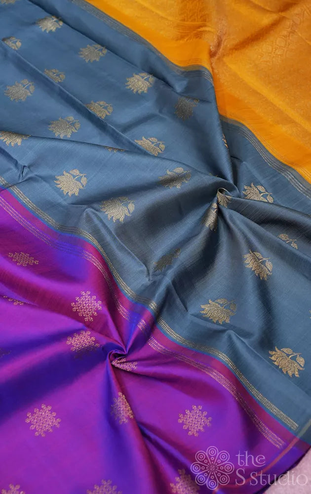 Purple kanchipuram silk saree with kolam buttas and double pallu
