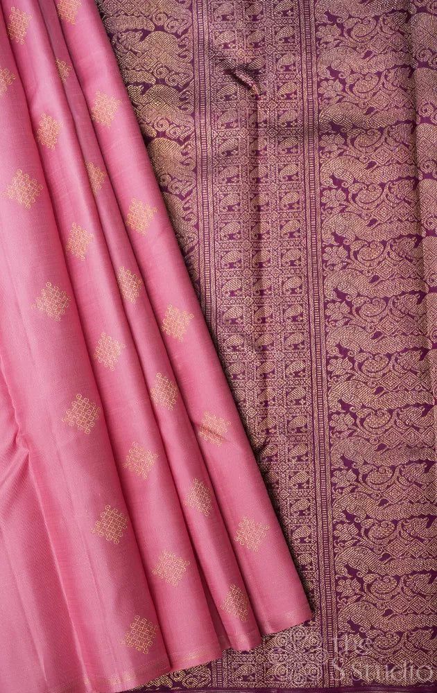 Onion pink borderless kanjivaram silk saree with kolam buttas