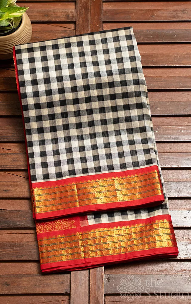 Black and white checked silk cotton saree with korvai border