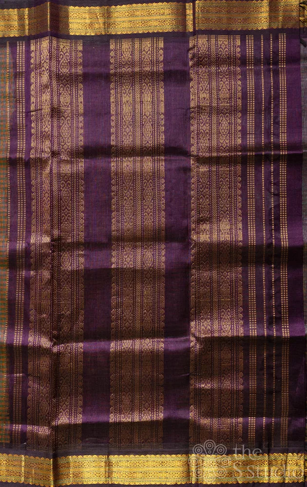 Multicolour checked silk cotton saree with violet border