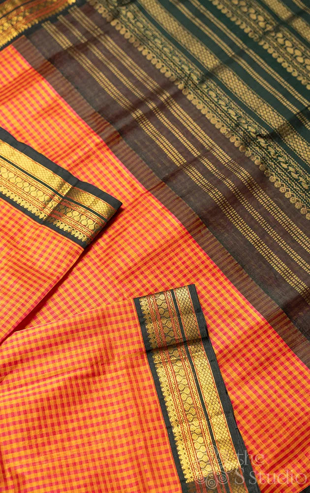 Rani pink and yellow checked silk cotton saree with green border