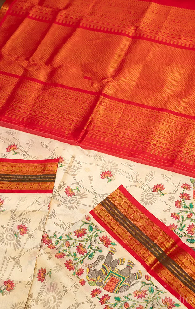 Off white floral silk cotton saree with red korvai border