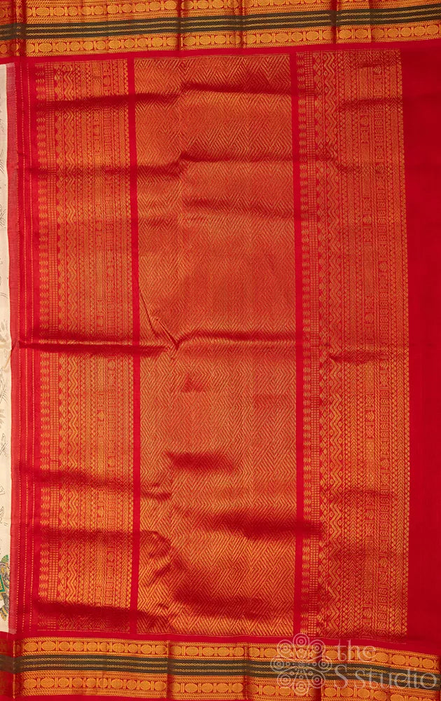 Off white floral silk cotton saree with red korvai border