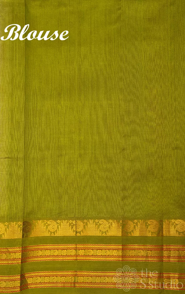 Pink printed silk cotton saree with green korvai border