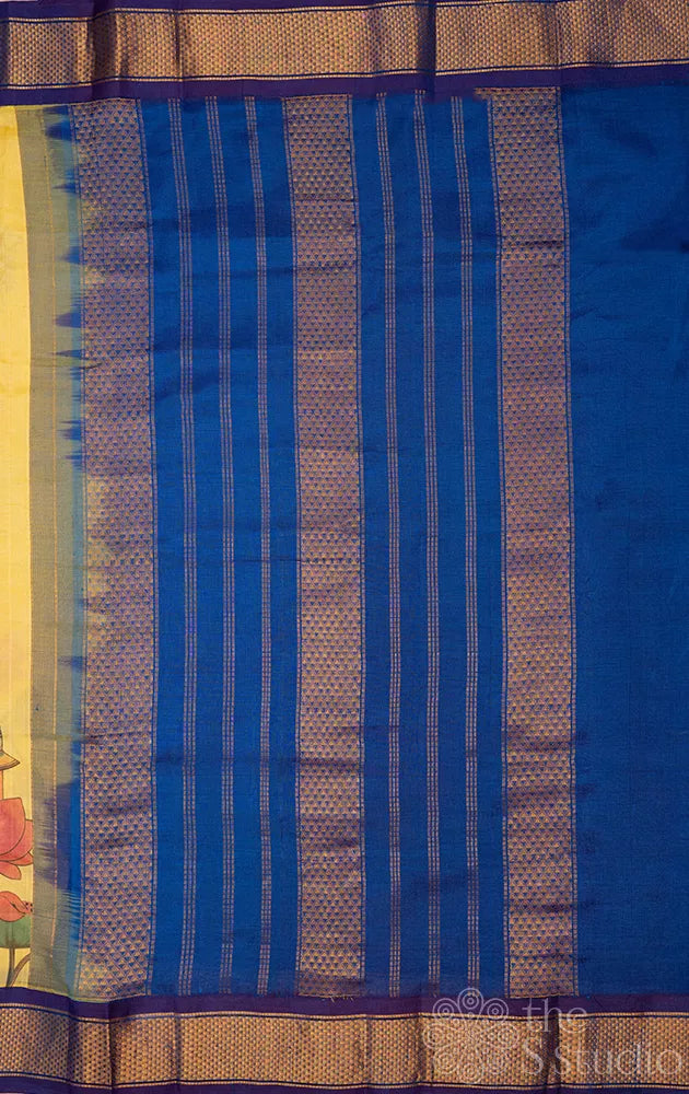 Yellow silk cotton saree with pichwai digital prints