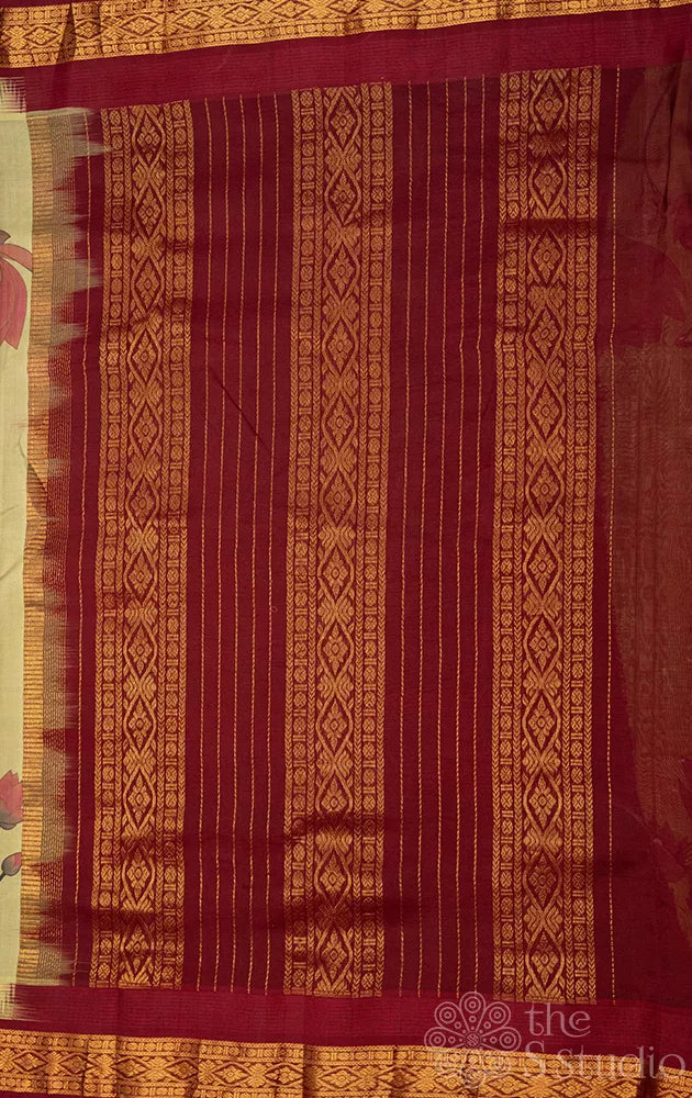 Green lotus printed silk cotton saree with korvai brown border