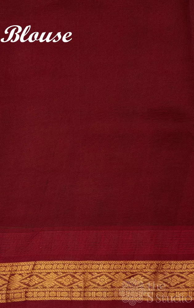 Green lotus printed silk cotton saree with korvai brown border