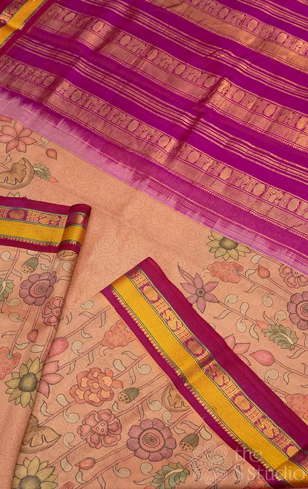 Light brown vairaoosi silk cotton saree with digital prints