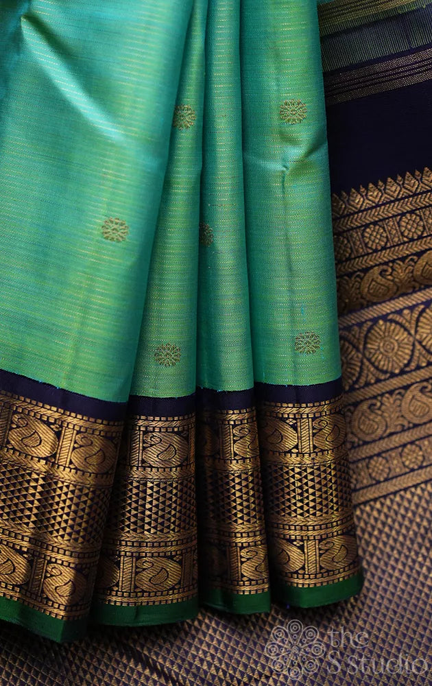 Sea green vairaoosi kanchi silk saree with korvai blue border