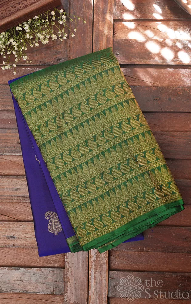 MS blue kanchipuram silk saree with green long border