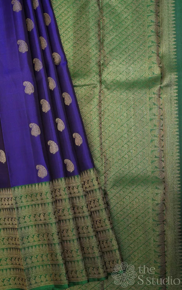 MS blue kanchipuram silk saree with green long border