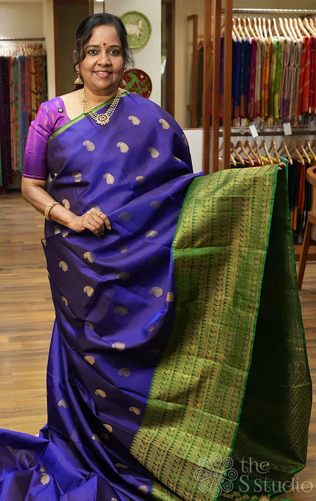 MS blue kanchipuram silk saree with green long border