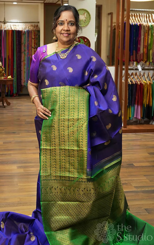 MS blue kanchipuram silk saree with green long border