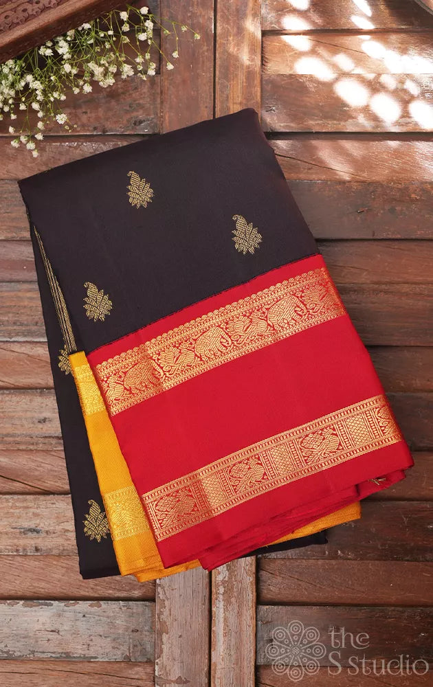 Coffee brown kanchipuram silk saree with maroon rettaipet border