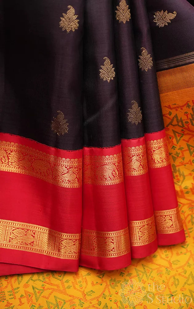 Coffee brown kanchipuram silk saree with maroon rettaipet border