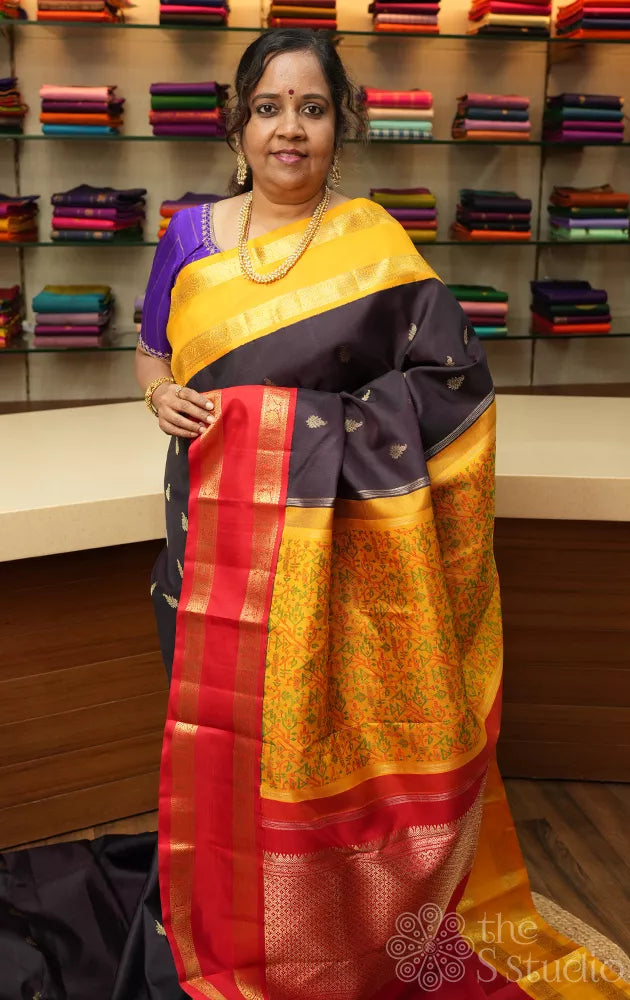 Coffee brown kanchipuram silk saree with maroon rettaipet border
