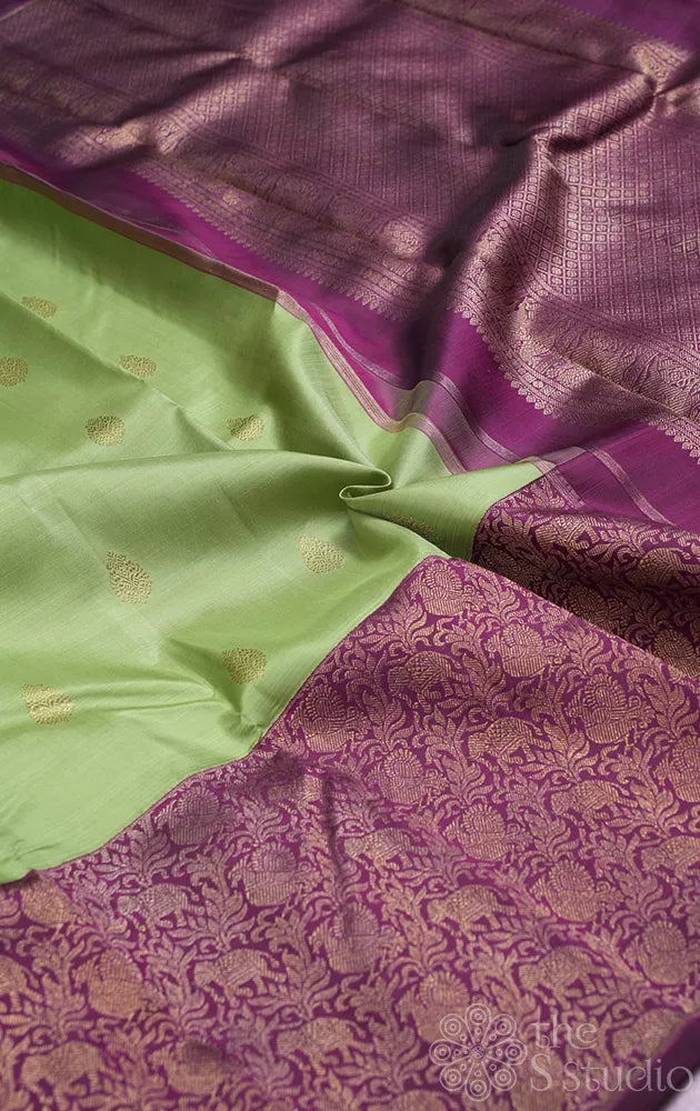 Elachi green kanchi silk saree with korvai purple long border