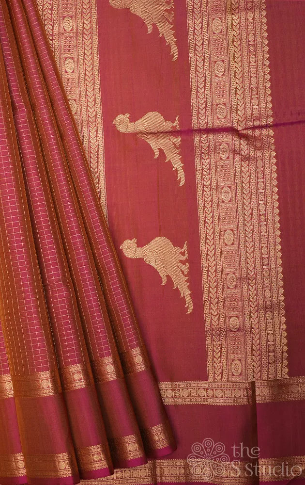 Deep pink zari checked kanchipuram silk saree with kalakshetra kili pallu