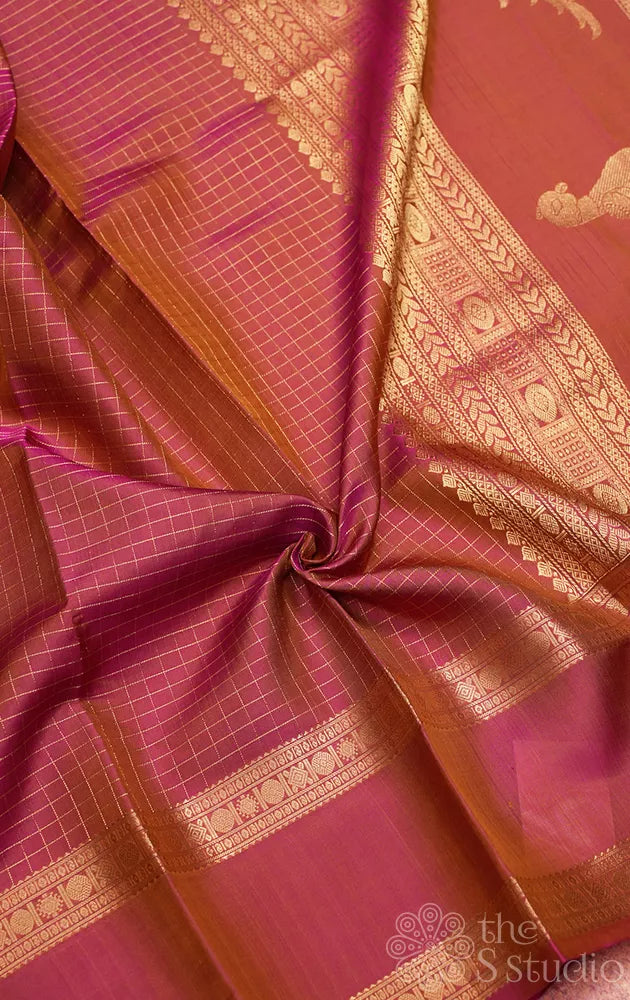 Deep pink zari checked kanchipuram silk saree with kalakshetra kili pallu
