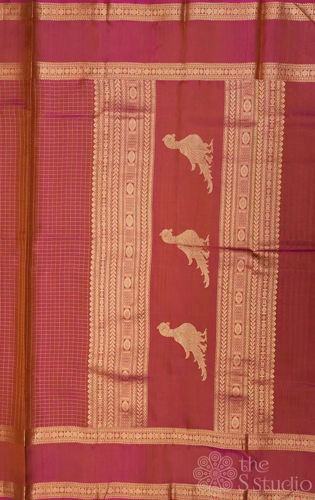 Deep pink zari checked kanchipuram silk saree with kalakshetra kili pallu