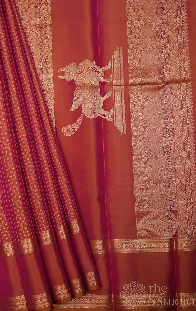 Peachish mustard kanjivaram silk saree with zari checks and rettaipet border