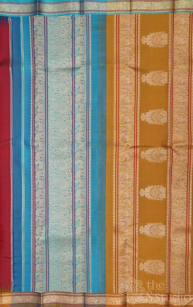 Maroon threadwork kanchi silk saree with small border and double pallu
