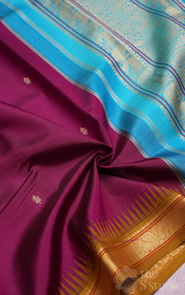 Magenta threadwork kanchi silk saree with double pallu