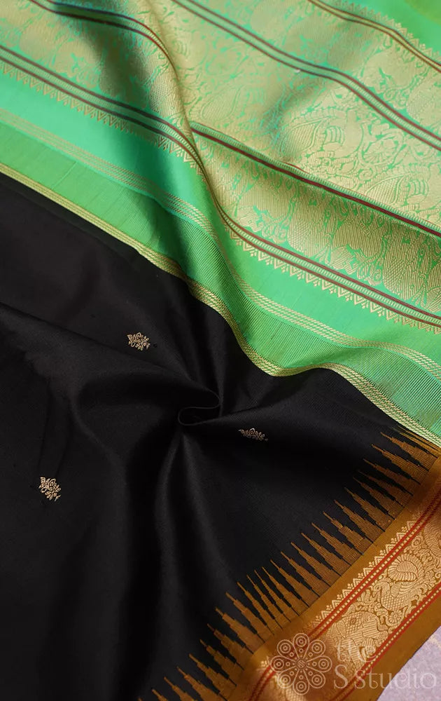 Dark brown threadwork kanchi silk saree with small border and double pallu