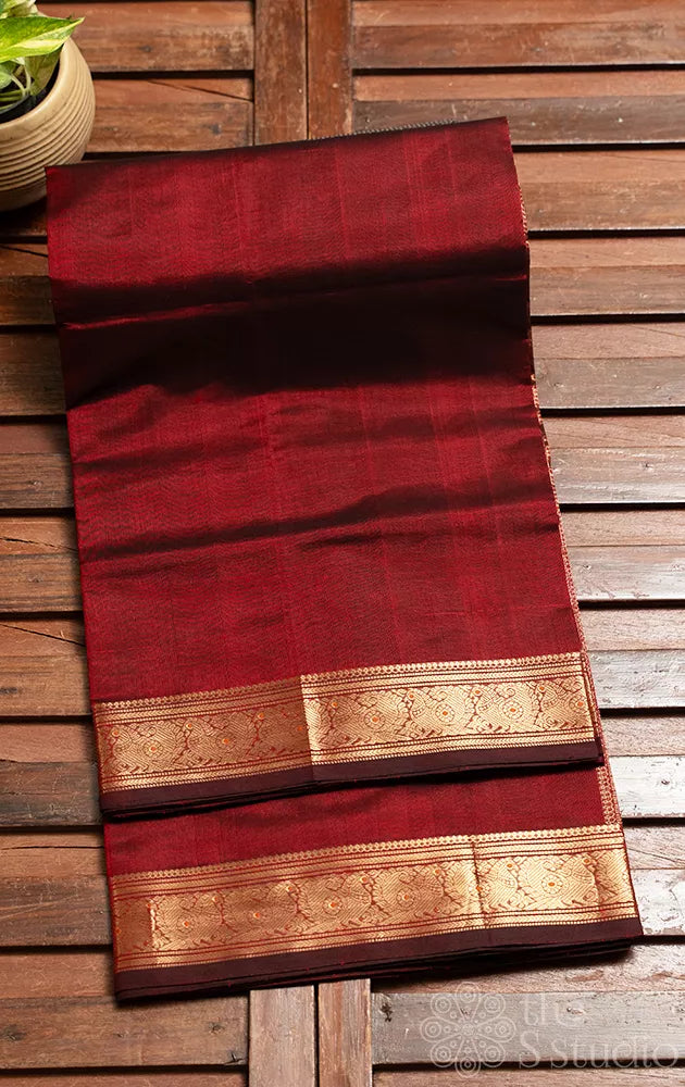 Maroon silk cotton saree with zari rich pallu