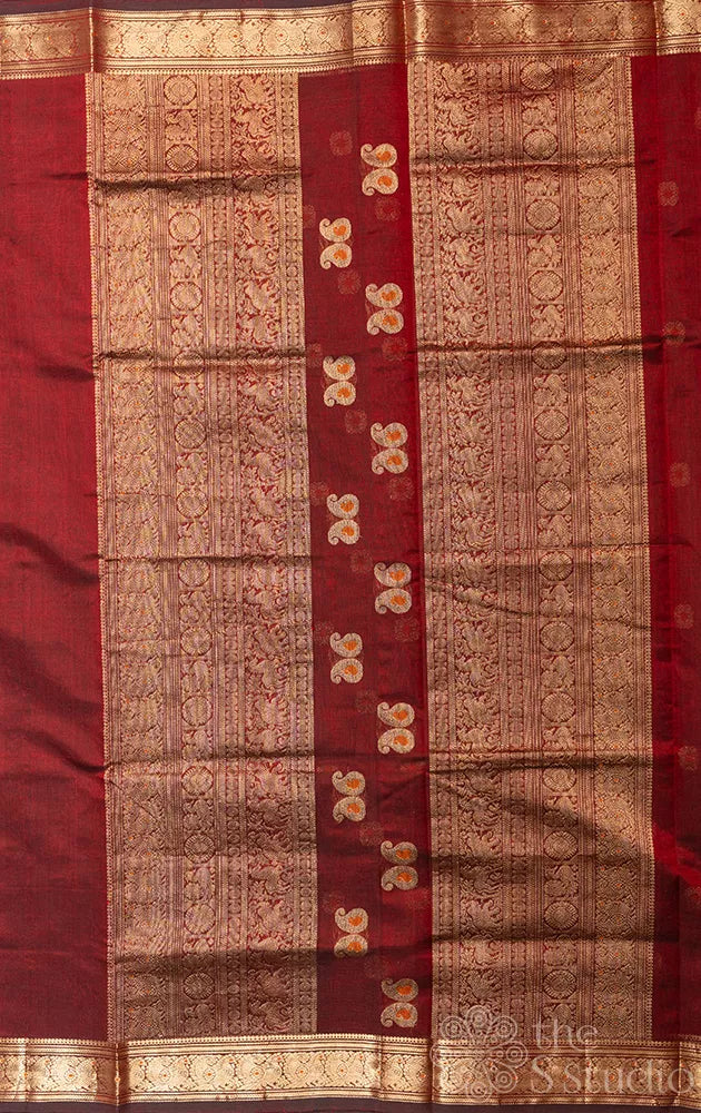 Maroon silk cotton saree with zari rich pallu
