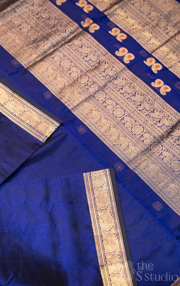 Navy blue silk cotton saree with small zari border