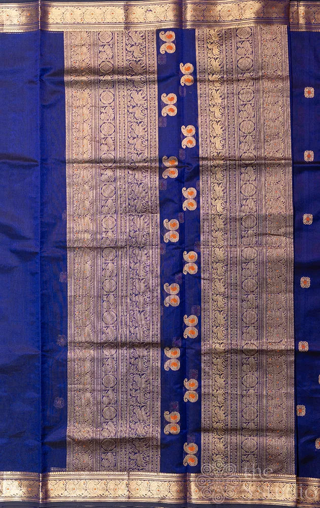 Navy blue silk cotton saree with small zari border