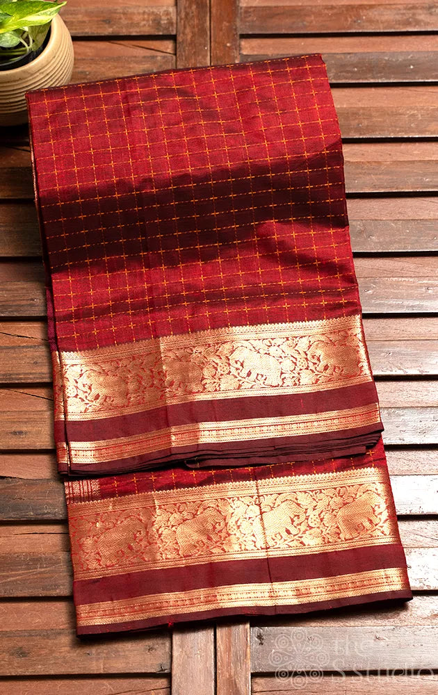 Maroon silk cotton saree with thread checks