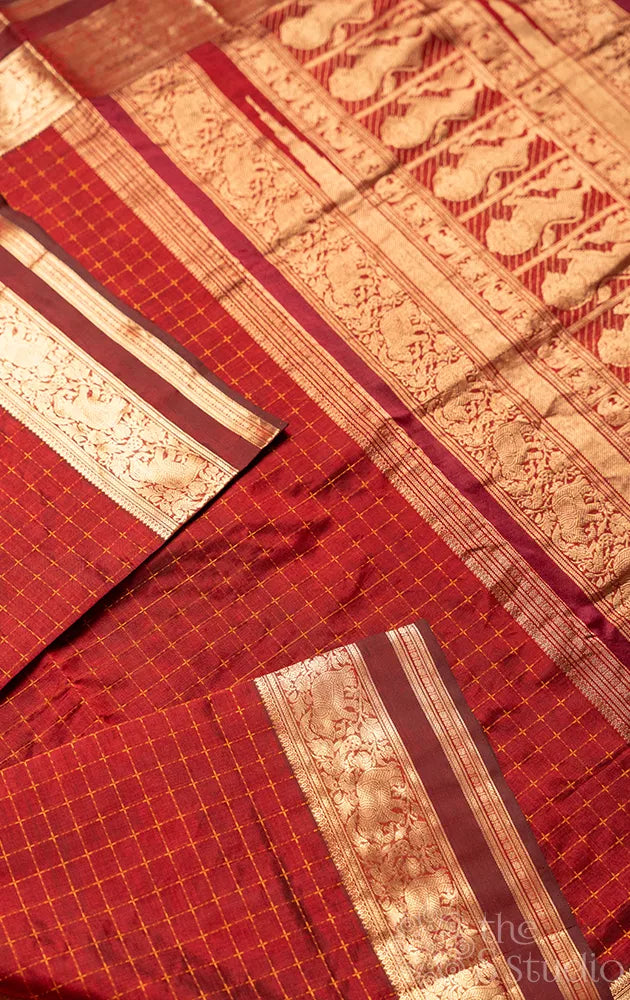 Maroon silk cotton saree with thread checks