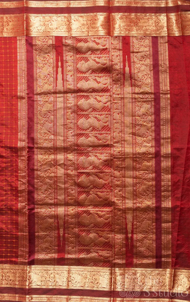 Maroon silk cotton saree with thread checks